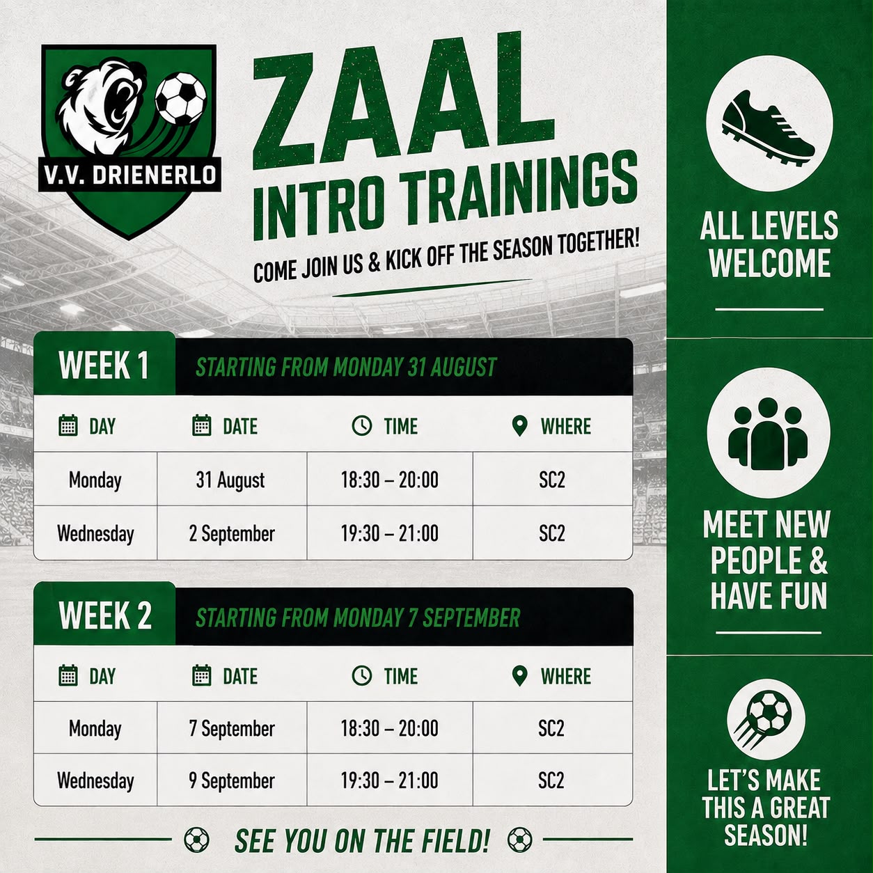 Zaal intro trainings schedule: Week 1 starting Monday 31 August with SC2 sessions on Monday and Wednesday, and Week 2 starting Monday 7 September with SC2 sessions on Monday and Wednesday
