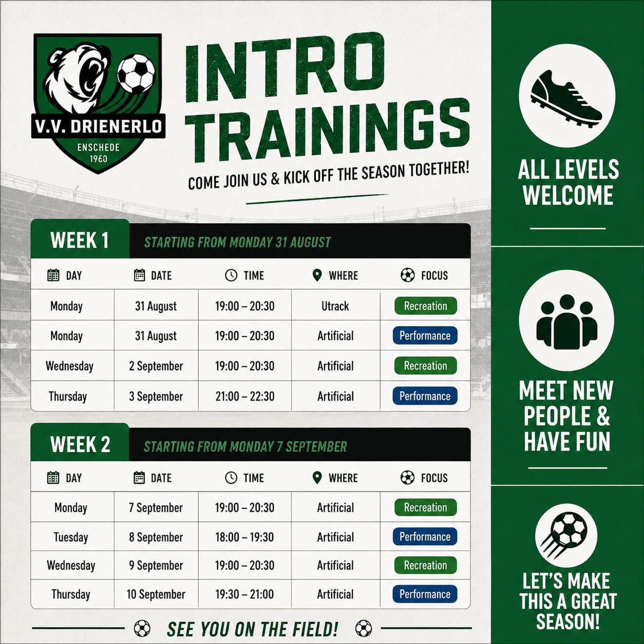 Intro trainings schedule: Week 1 starting Monday 31 August and Week 2 starting Monday 7 September, with recreation and performance sessions on Monday, Wednesday and Thursday